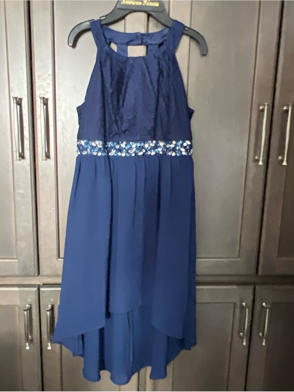 My Michelle Girls Size 12 Navy Hi-Low Lace Halter Beaded Waist Formal Dress